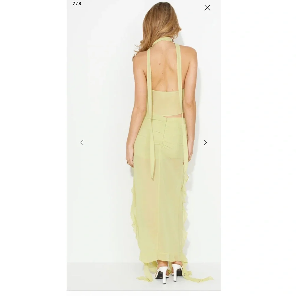 Lioness Lime Chiffon Maxi Skirt with Asymmetrical Hem, Ruching, and Ruffles - Picture 7 of 9